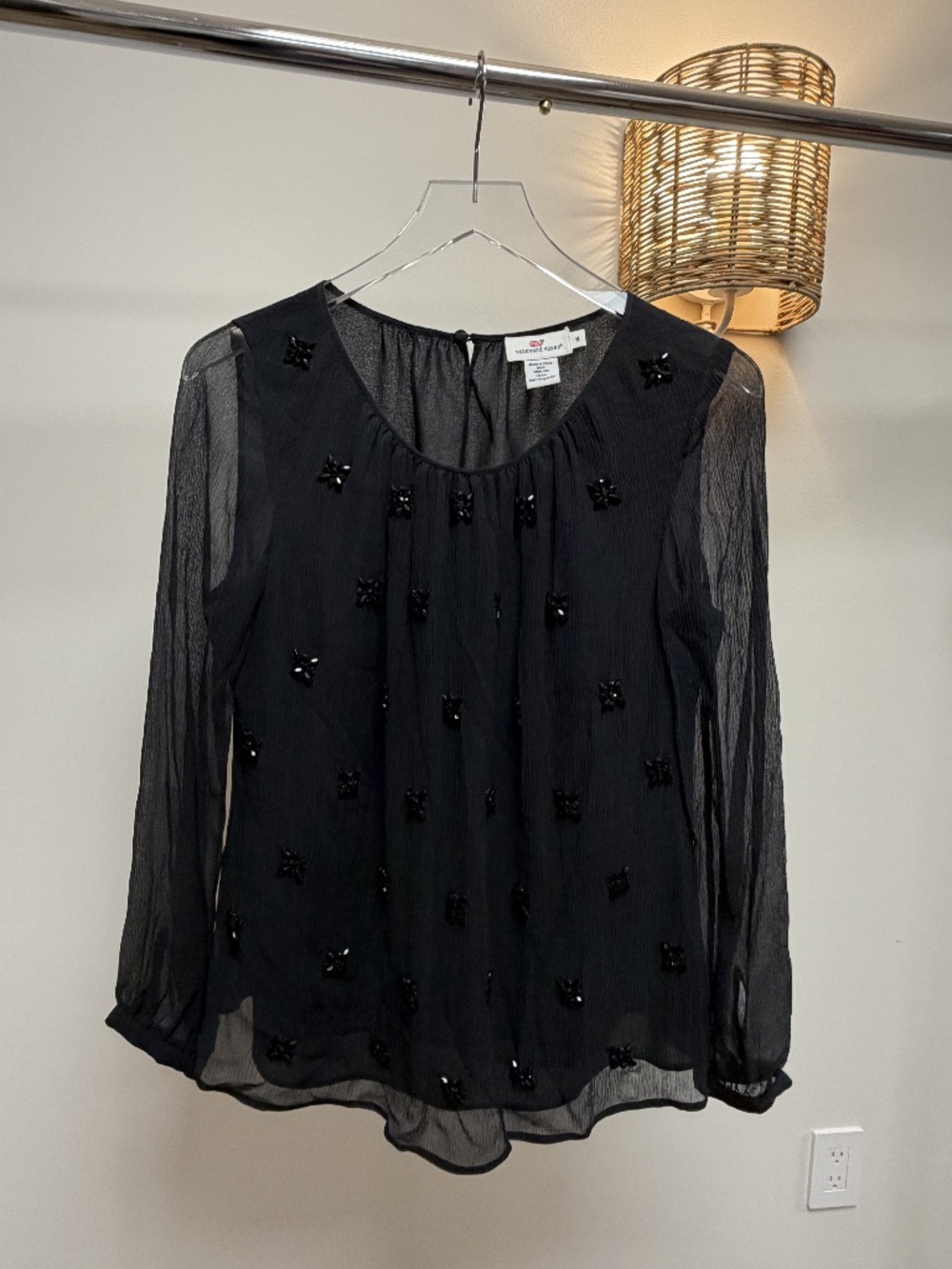 Vineyard Vines Black Sheer Embellished Blouse